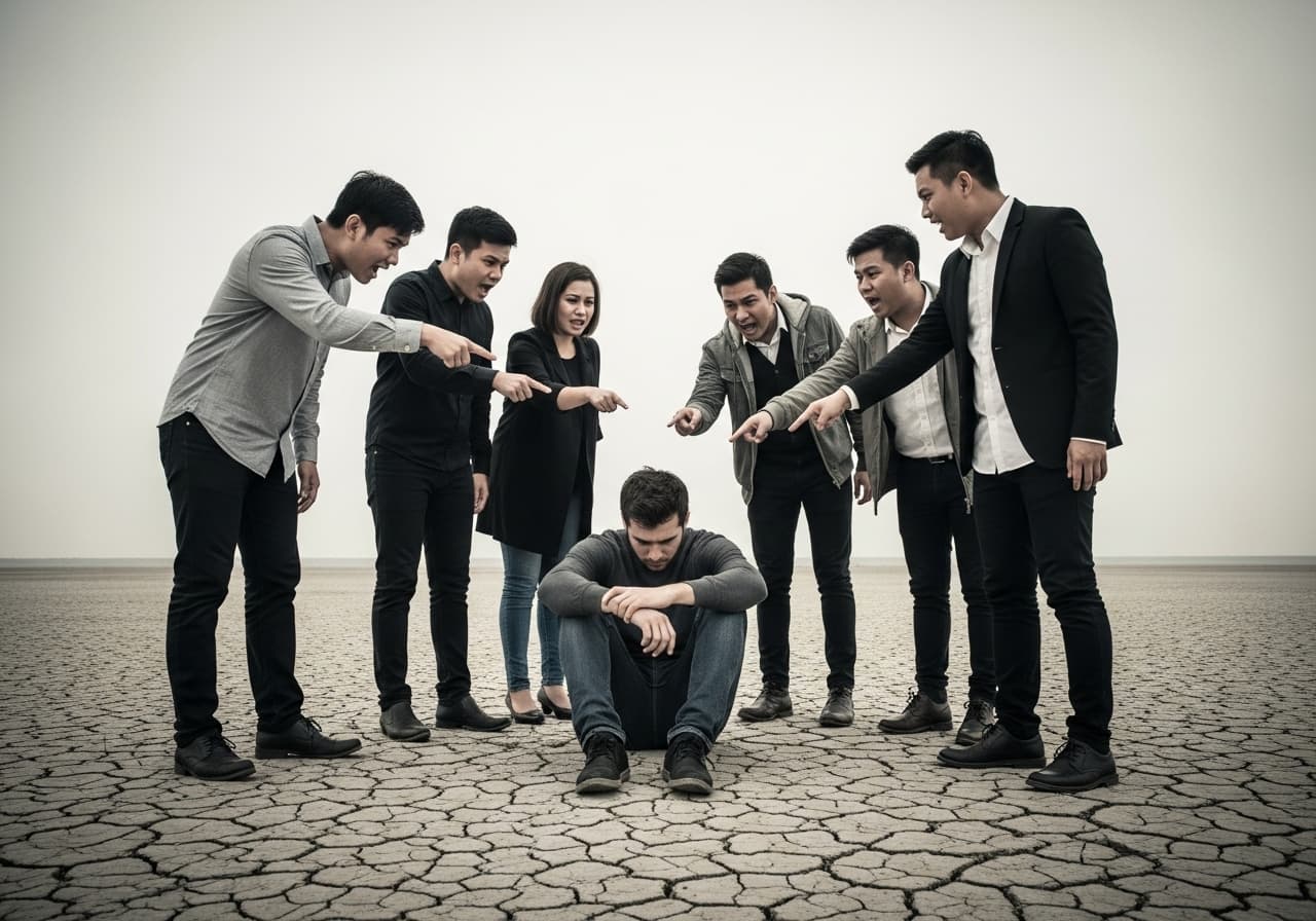 AI generated: A man is sitting on the ground, and people are standing around him and saying something to him, poin...