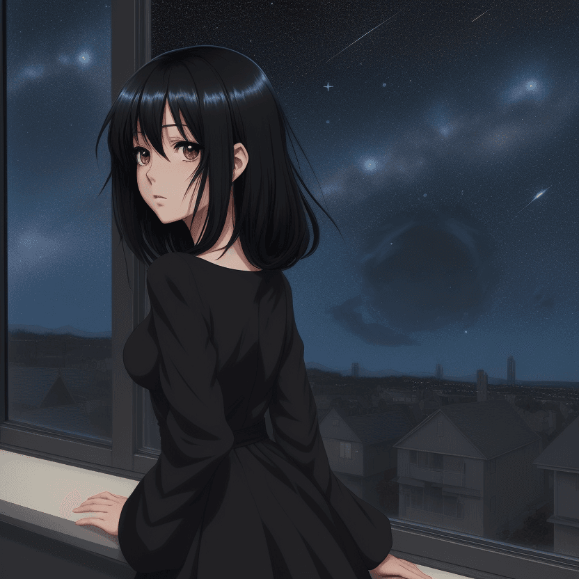 AI generated: A gorgeous looking anime girl with black hair and black dress looking out of her window and seeing a...