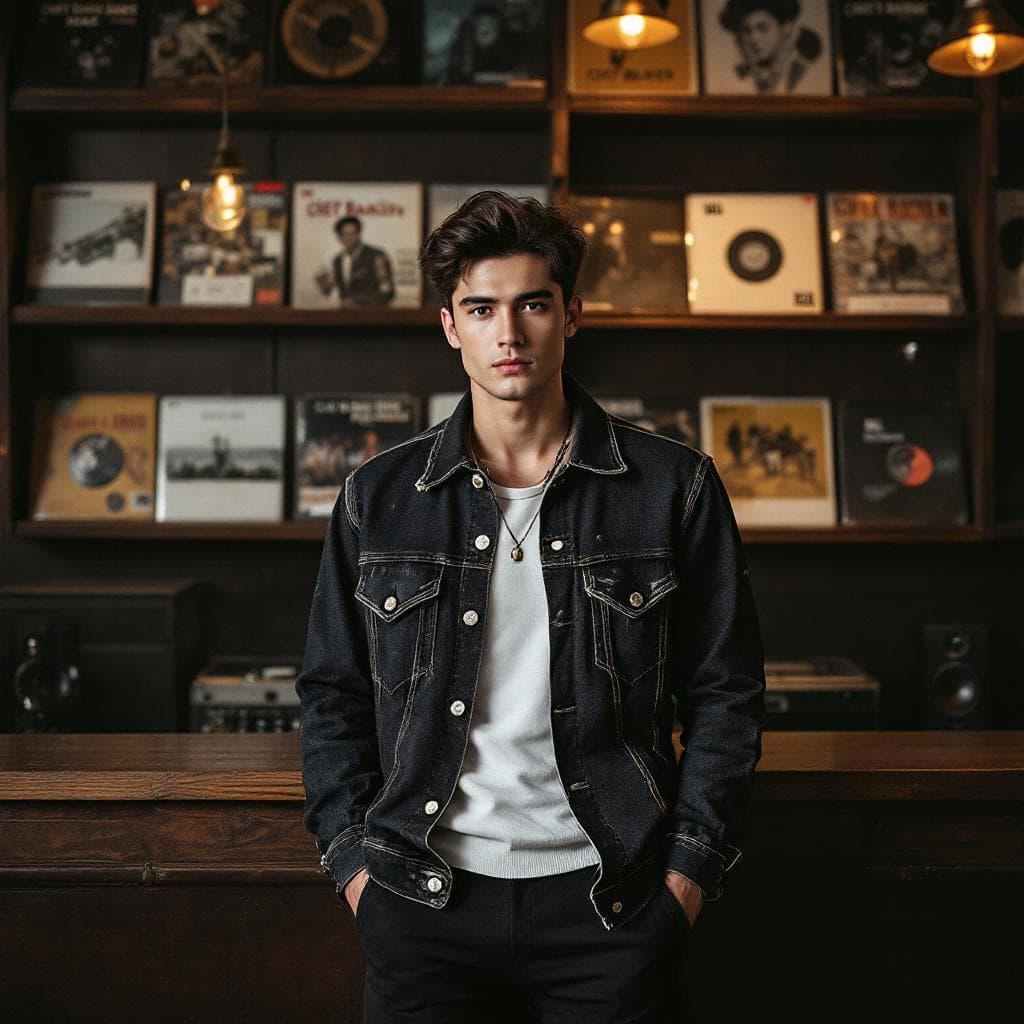 AI generated: The backdrop is a vintage-style record bar: wooden shelves display classic vinyl records (such as Ch...