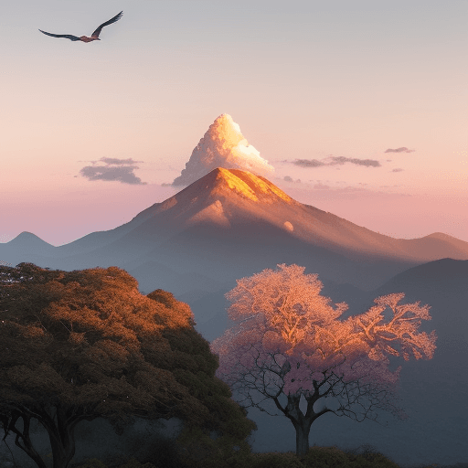 AI generated: Serene and inspiring landscape at dawn, coffee tree in the foreground, breathtaking mountain range w...