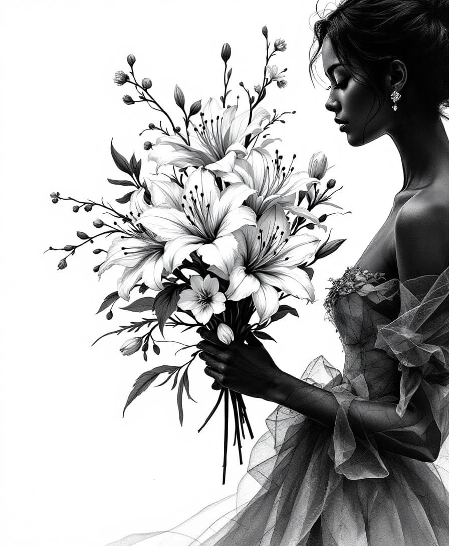 AI generated: A masterful black and white sketch captures the essence of nature's contrasts. A beautiful female fi...