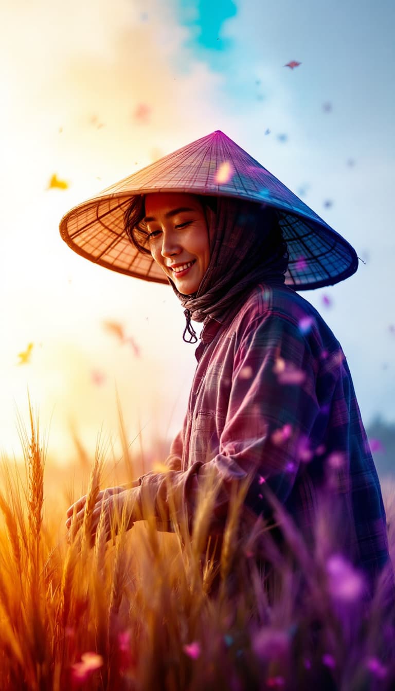 AI generated: Asian farmer + rice double color exposure effect