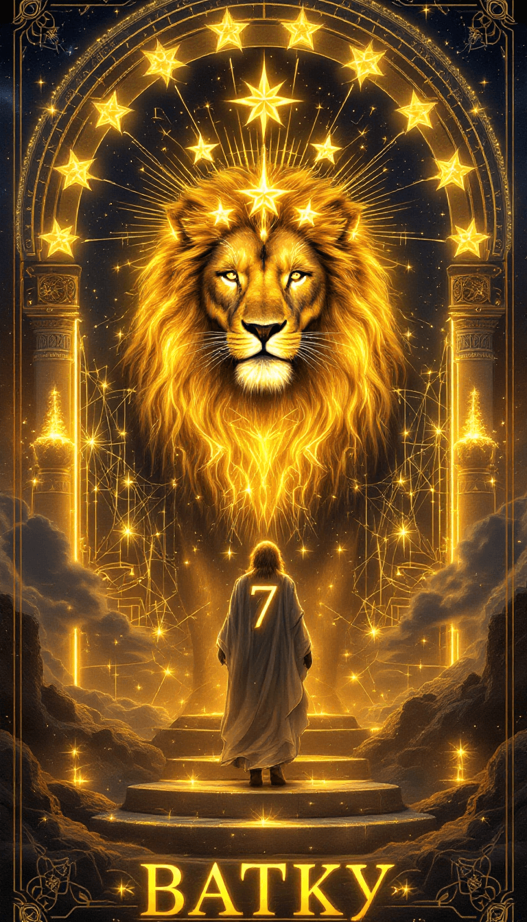 AI generated: /imagine prompt: A stunning tarot card called "The Cosmic Gate of Seven," portraying a celestial lio...