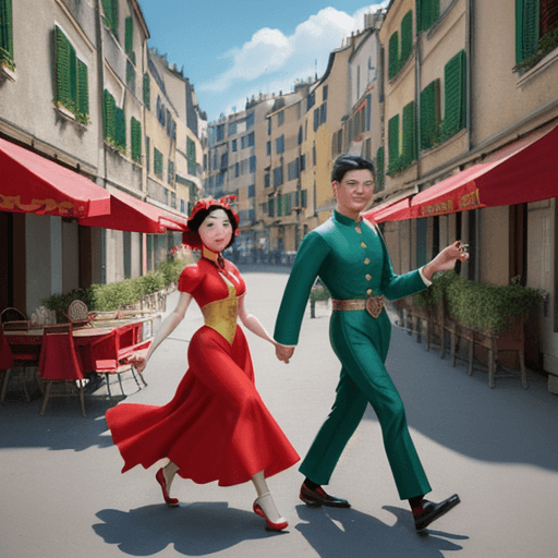 AI generated: an illustration of a chinese guy and a lady walking down at colorful islands of Italy street, in the...