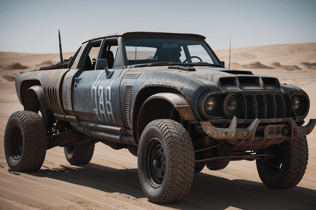 AI generated: Inteceptor from Mad Max movie, natural lighting, 8k uhd, high quality, film grain, Fujifilm XT3