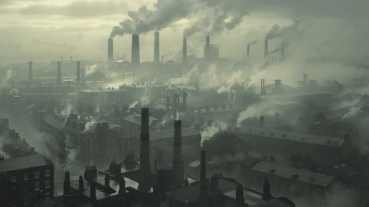 AI generated: 1920 factory in London, huge chimneys, the environment is foggy and cold,  --ar 16:9 --v 6