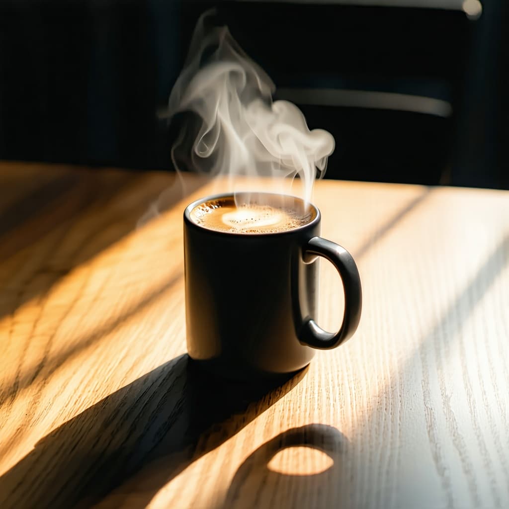 AI generated: A studio product photo of a coffee mug placed on a wooden desk, surrounded by morning light and gent...