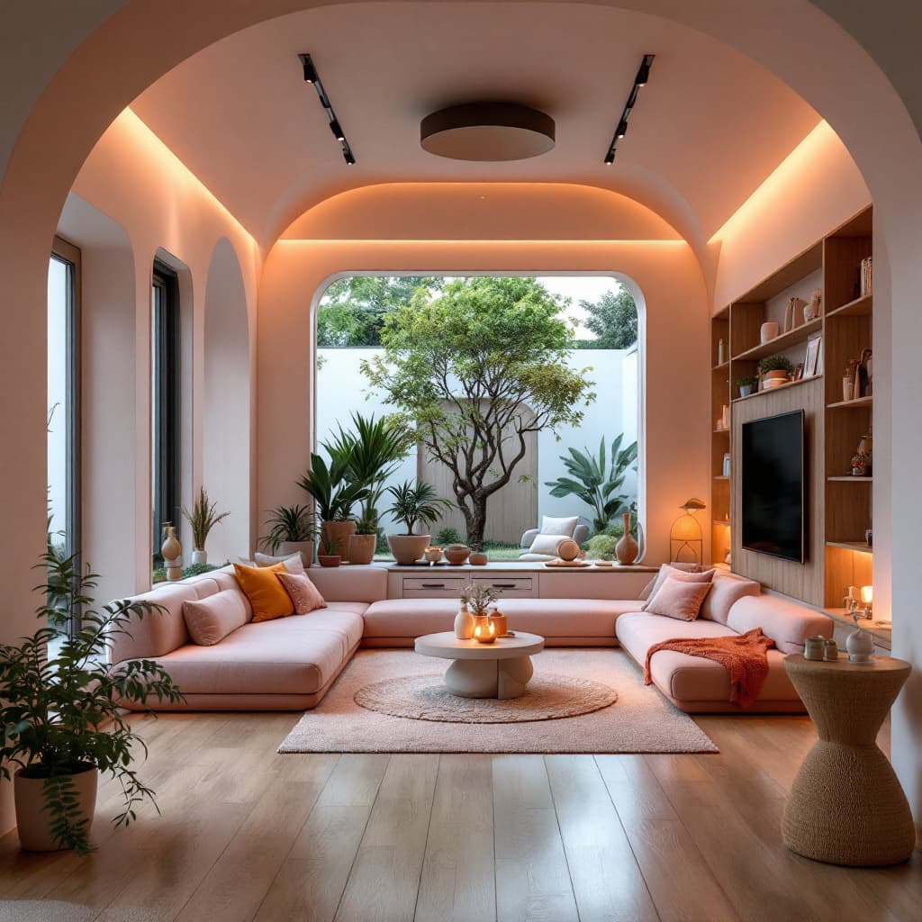 AI generated: High resolution photography interior design, dreamy sunken living room conversation pit, wooden floo...