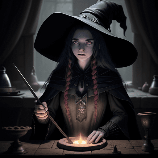 AI generated: A beautiful young witch in a large witch's hat is stirring a cauldron. he sits and mixes potions in ...