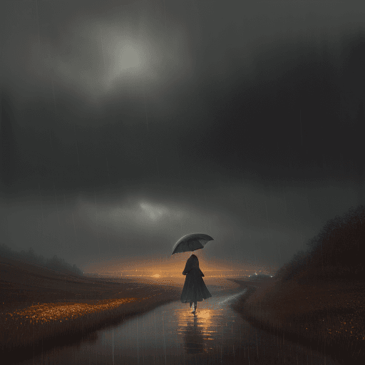 AI generated: Autumm is here. Windy, light rainy, a woman with an umbrella
 is wandering through the landscape, at...