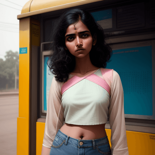 AI generated: a indian woman wearing a cropped top and jeans standing in front of the bus stop, in the style of Ol...