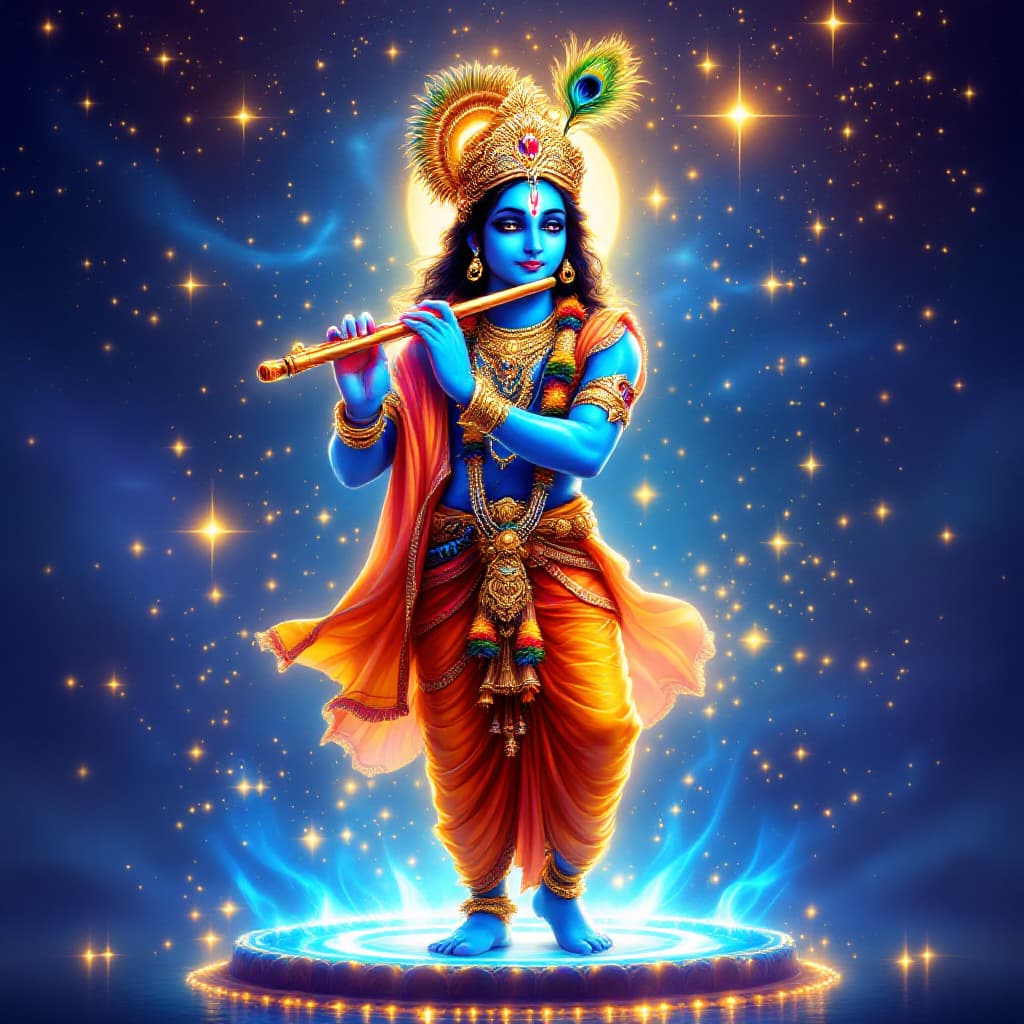 AI generated: A stunning and divine artwork of Lord Krishna standing gracefully while playing the flute. He has gl...