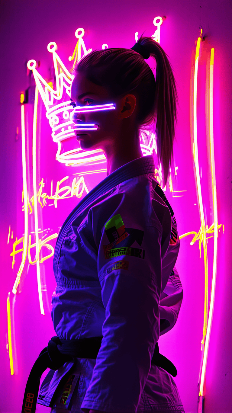 AI generated: A female jiu-jitsu athlete captured in a dynamic back pose, surrounded by graffiti-style motion trai...