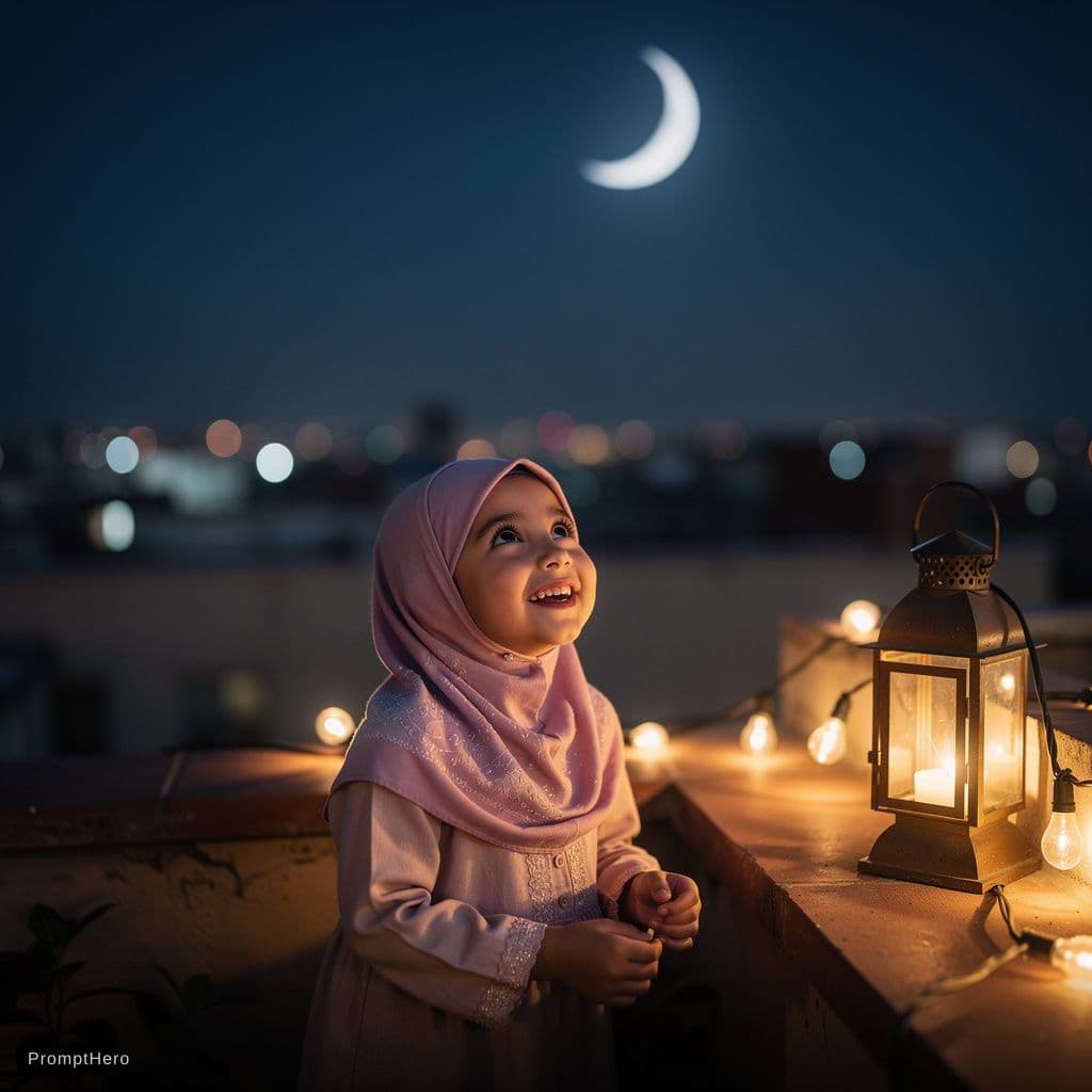AI generated: A little Muslim girl being happy after watching the moon of Ramadan