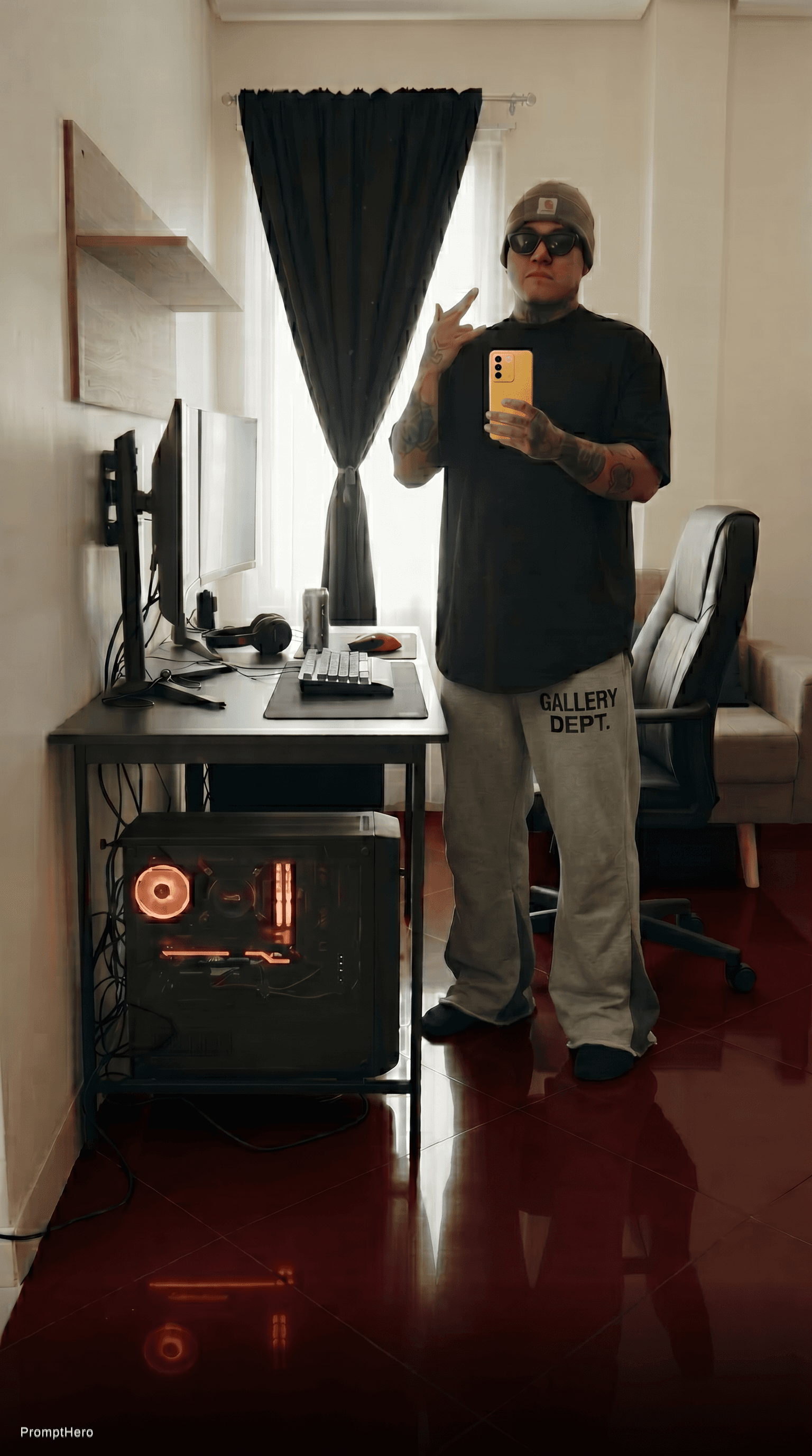 AI generated: Loosen his pants a bit. Change his phone to yellow VIVO V27e. 