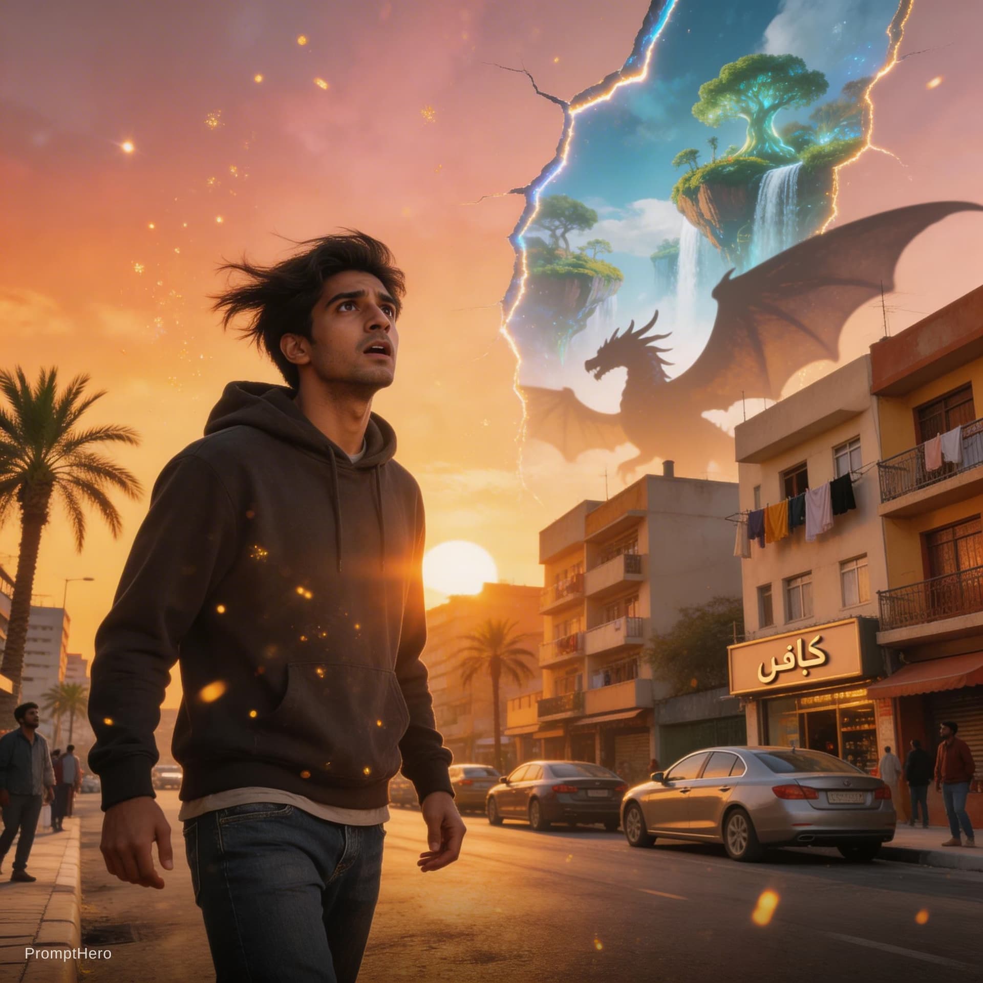 AI generated: A cinematic 10-second scene blending fantasy and realism: A normal street in modern Cairo at sunset,...