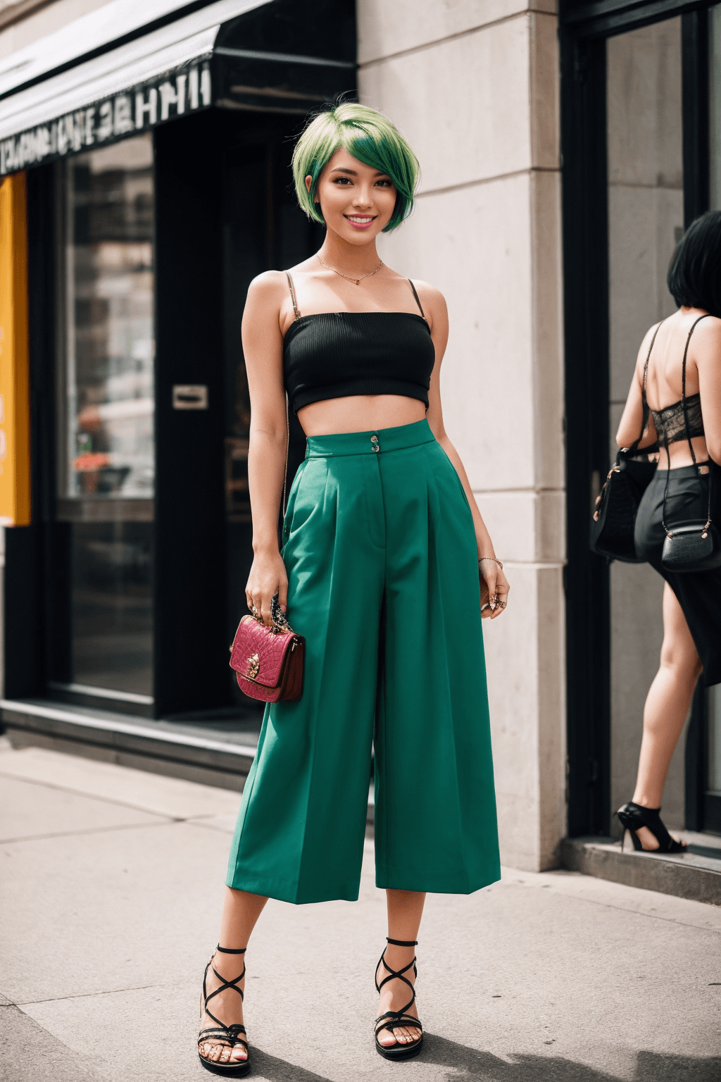 AI generated: street photography of a beautiful woman with Green hair Pixie cut, smiling, standing, Wide-leg culot...
