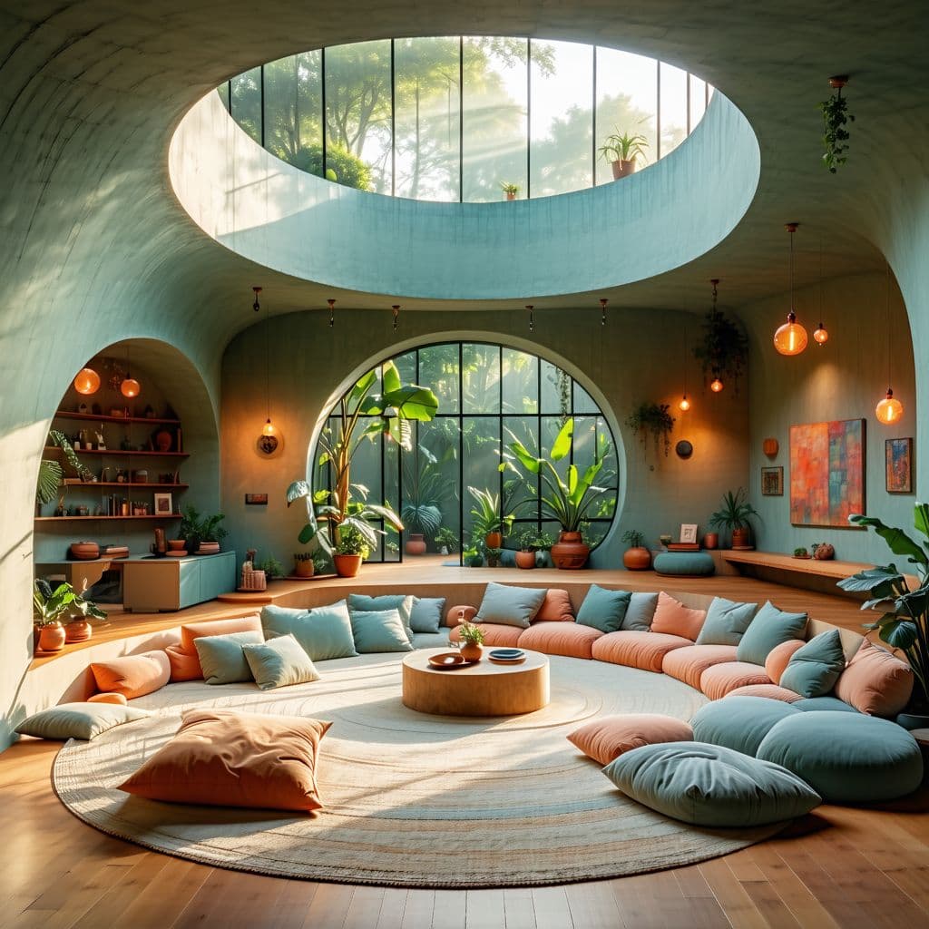 AI generated: High resolution photography interior design, dreamy sunken living room conversation pit, wooden floo...