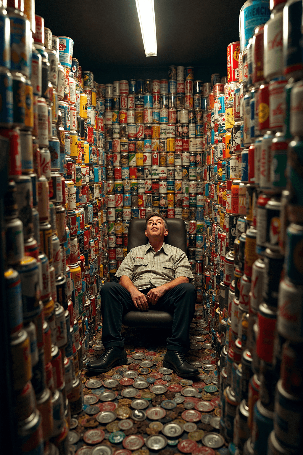 AI generated: Surrounded by towering stacks of beer cans, an eccentric collector sits in a tiny, suffocating room ...