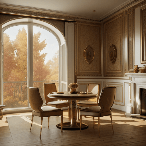 AI generated: close-up of round table, 3d royalty empty luxury interior render with sunlight, autumn atmosphere, f...