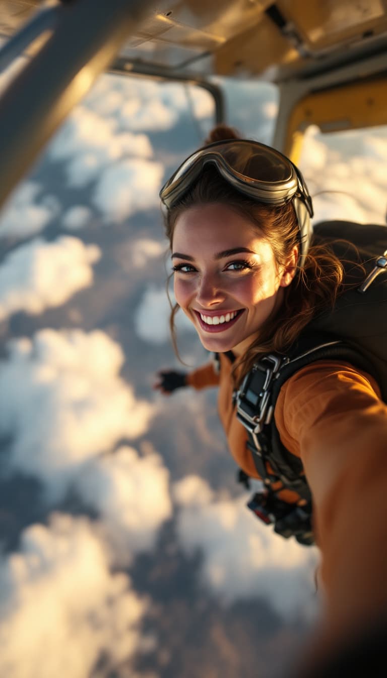 AI generated: 
Go back
female parachutist, jumping from plane, smile, selfie, motion, full body visible, detailed ...