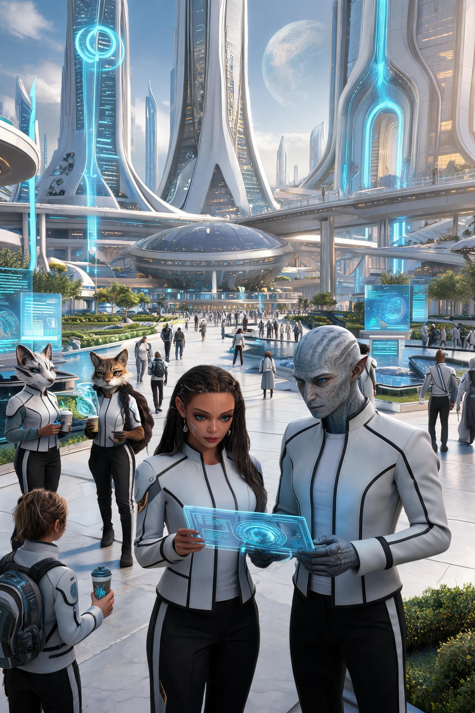 AI generated: Create a highly cinematic, ultra-realistic scene depicting everyday life inside the Galaxial Vora'di...