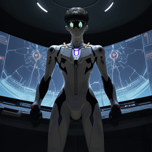 AI generated: ((Evangelion: Shinji Ikari),Plug Suit),A large circular platform reminiscent of a futuristic stadium...