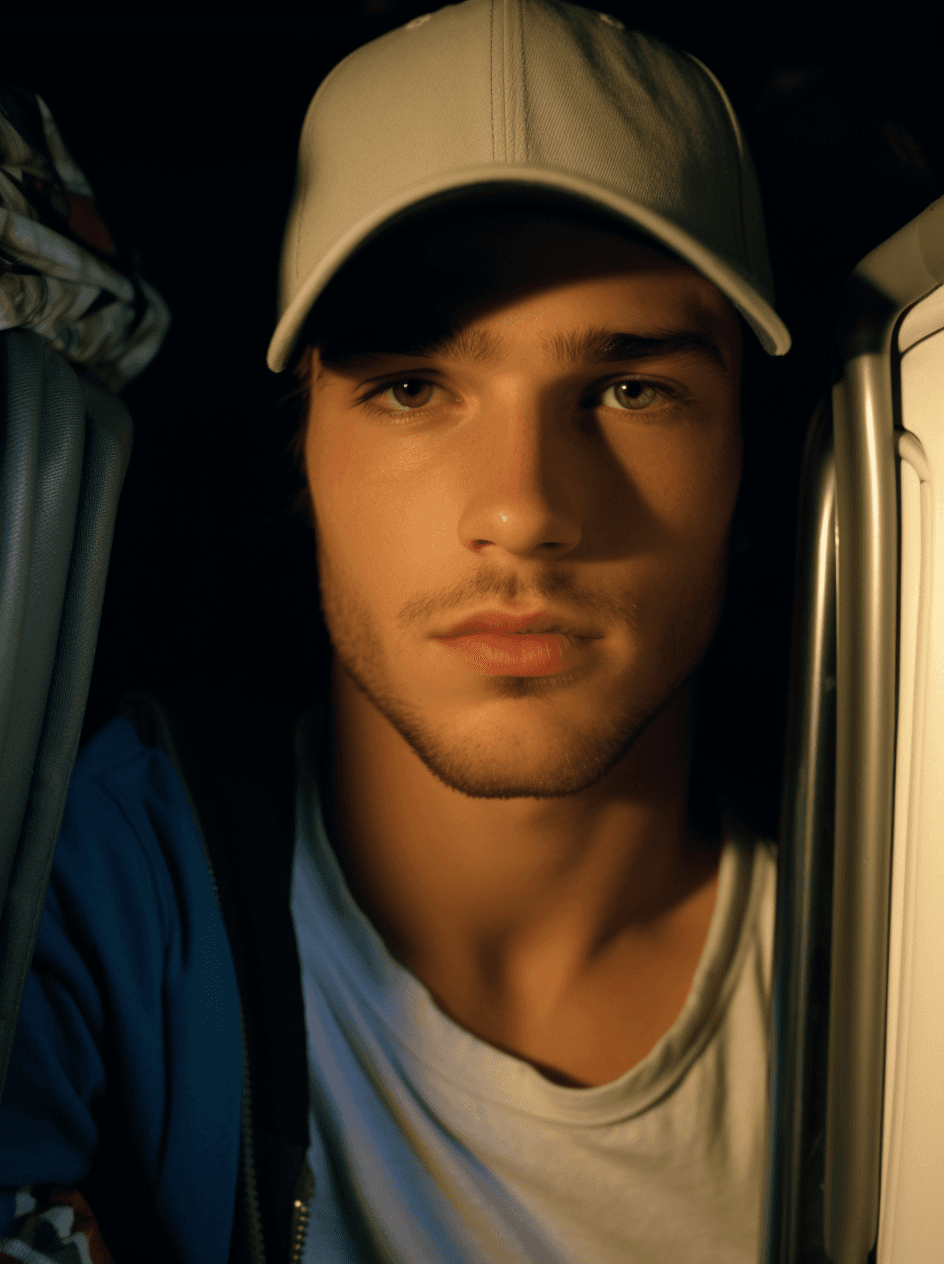 AI generated: Close up of the mouth and upper lip, 20 year old muscular man with stubble wearing swimming trunks i...