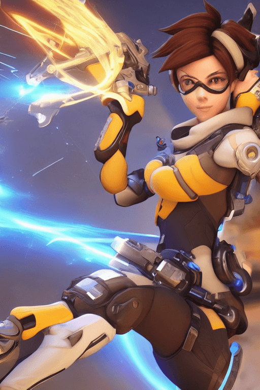 AI generated: action packed, Photography, (Tracer from Overwatch:1.2), full-length, realistic, (cheerful, energeti...