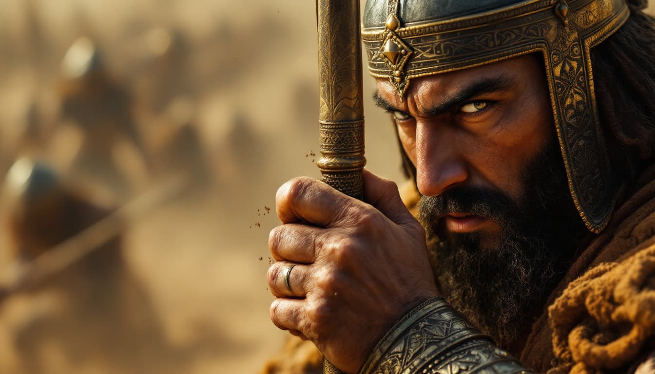 AI generated: Ultra-realistic Close-up of a Persian warrior’s hand gripping a spear, his knuckles whitening with s...