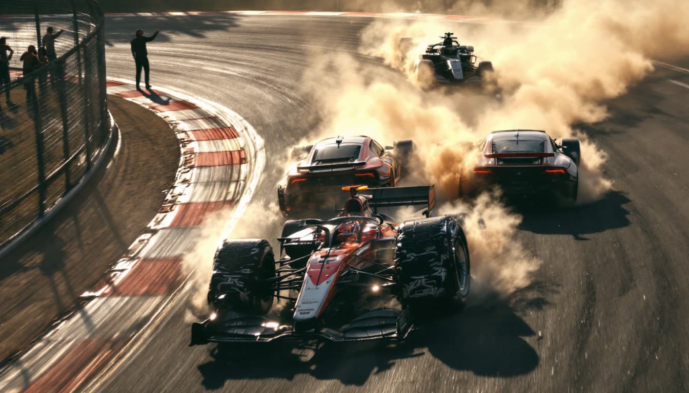 AI generated: The race track is well lit by sunlight.       Ahead, two cars collide on the track at a sharp turn a...