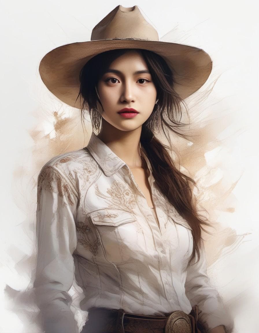 AI generated: visual stunning photo of a female cowboy| cowboy western setting,  centered| key visual| intricate| ...