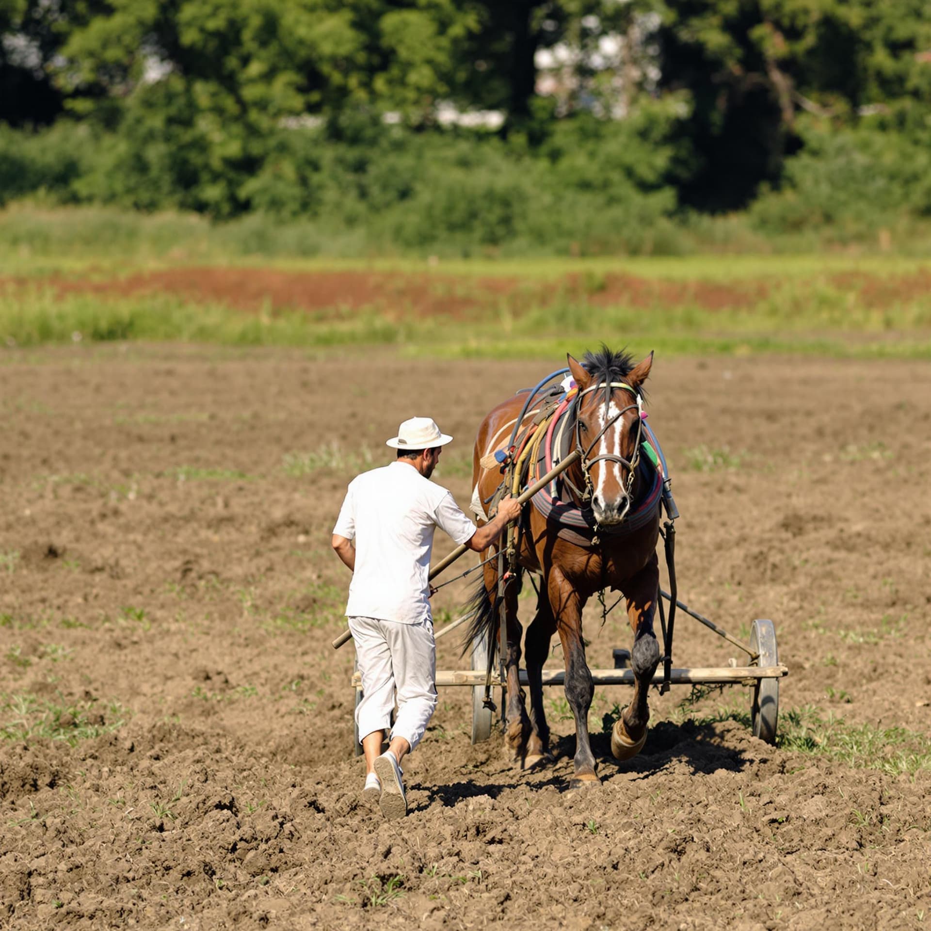 AI generated: In the photo, a white man follows a horse across a field, plowing the ground with a plow.
