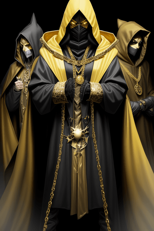 AI generated: Shadow wizard money gang, in yellow cloak hood, dark face, gold chains and jewellery