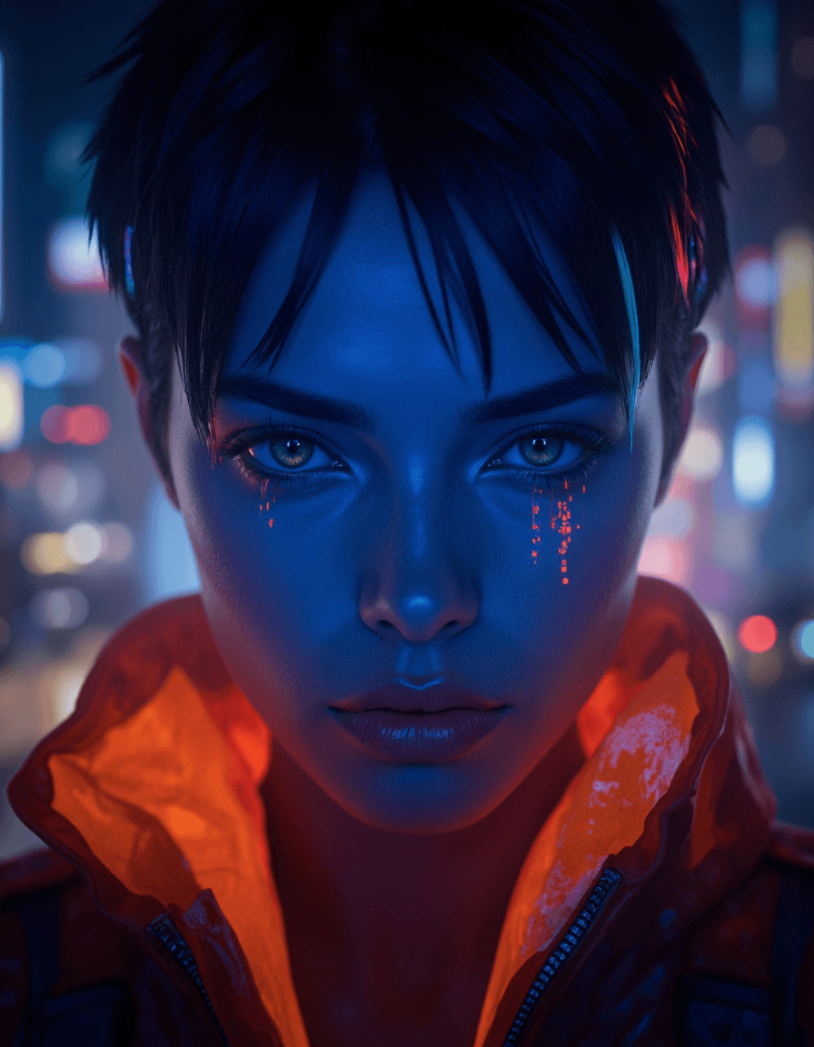 AI generated: portrait model with neon-colored eye makeup, focusing on intense black eyeshadow, glowing orange col...