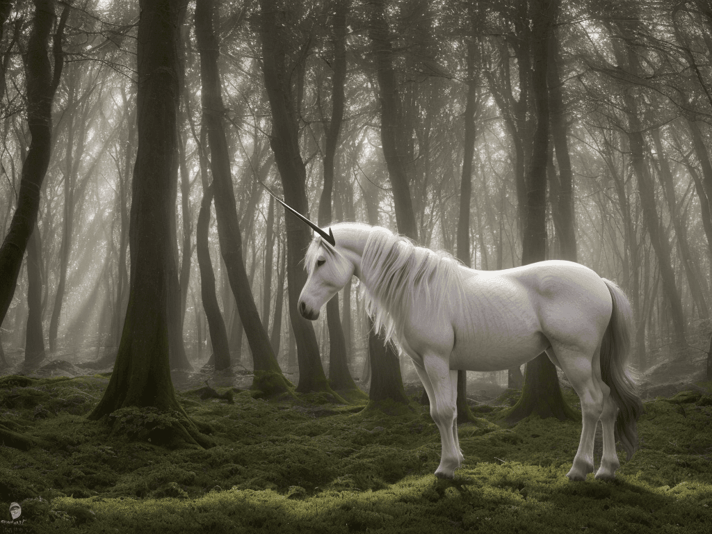 AI generated: a majestic unicorn standing in a serene and mystical forest, its ethereal beauty illuminated by the ...