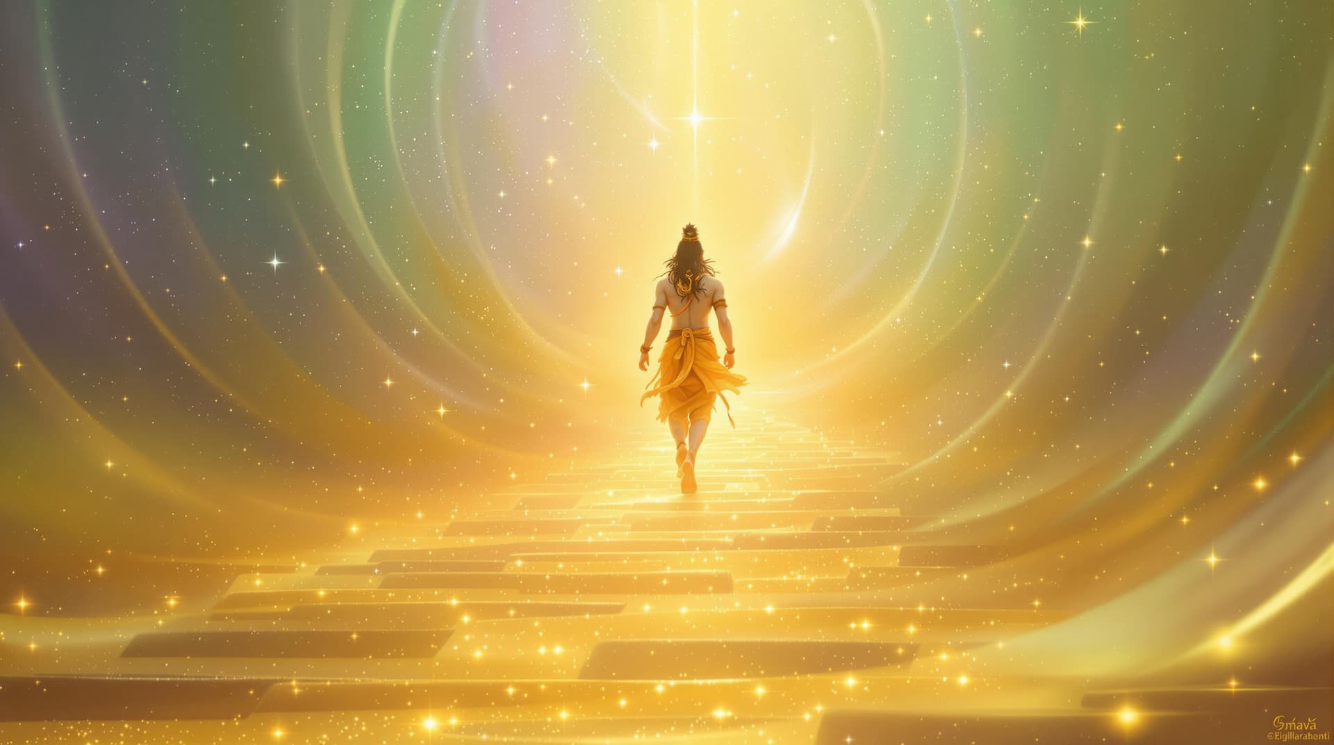 AI generated: "Depict Lord Shiva walking along an ancient golden-hued path, surrounded by celestial light. The gro...