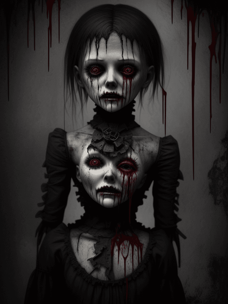 AI generated: have a scary doll with blood over them, make them realistic,  broken, absolutely alone, calm, heartb...