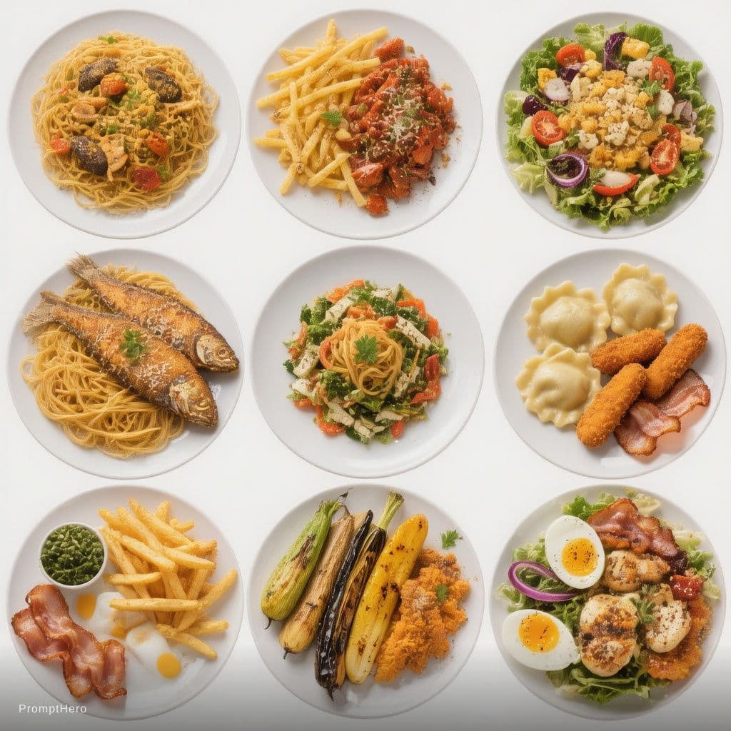 AI generated: Assorted food plates, overhead view, various cuisines, high-angle shot, studio lighting, white backg...