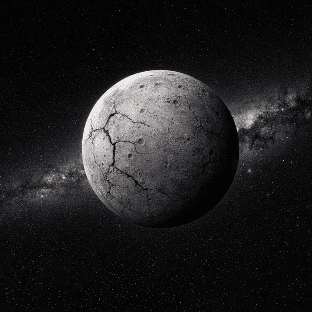 AI generated: A light grey with dark grey patches planet with cracks and craters littering its surface that gives ...