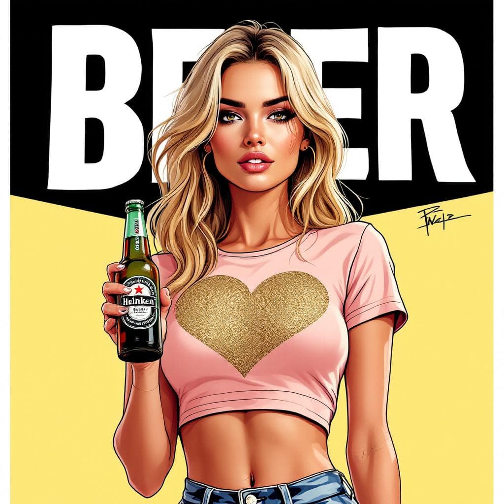AI generated: Cartoon illustration, comic book cover featuring a gorgeous blond Woman, slightly-wavy long hair, bo...