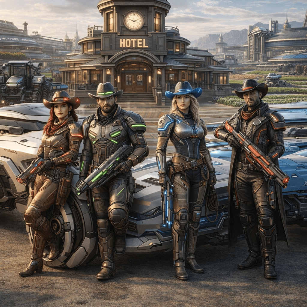AI generated: Create an image of four futuristic, but different-looking, Human Cowboys and Cowgirls, posing comfor...