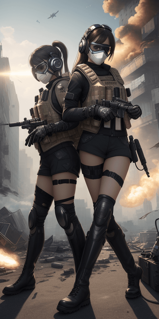 AI generated: ((high quality)), ((masterpiece)), 16k, 2girls, bulletproof vest, light rays, extremely detailed CG ...