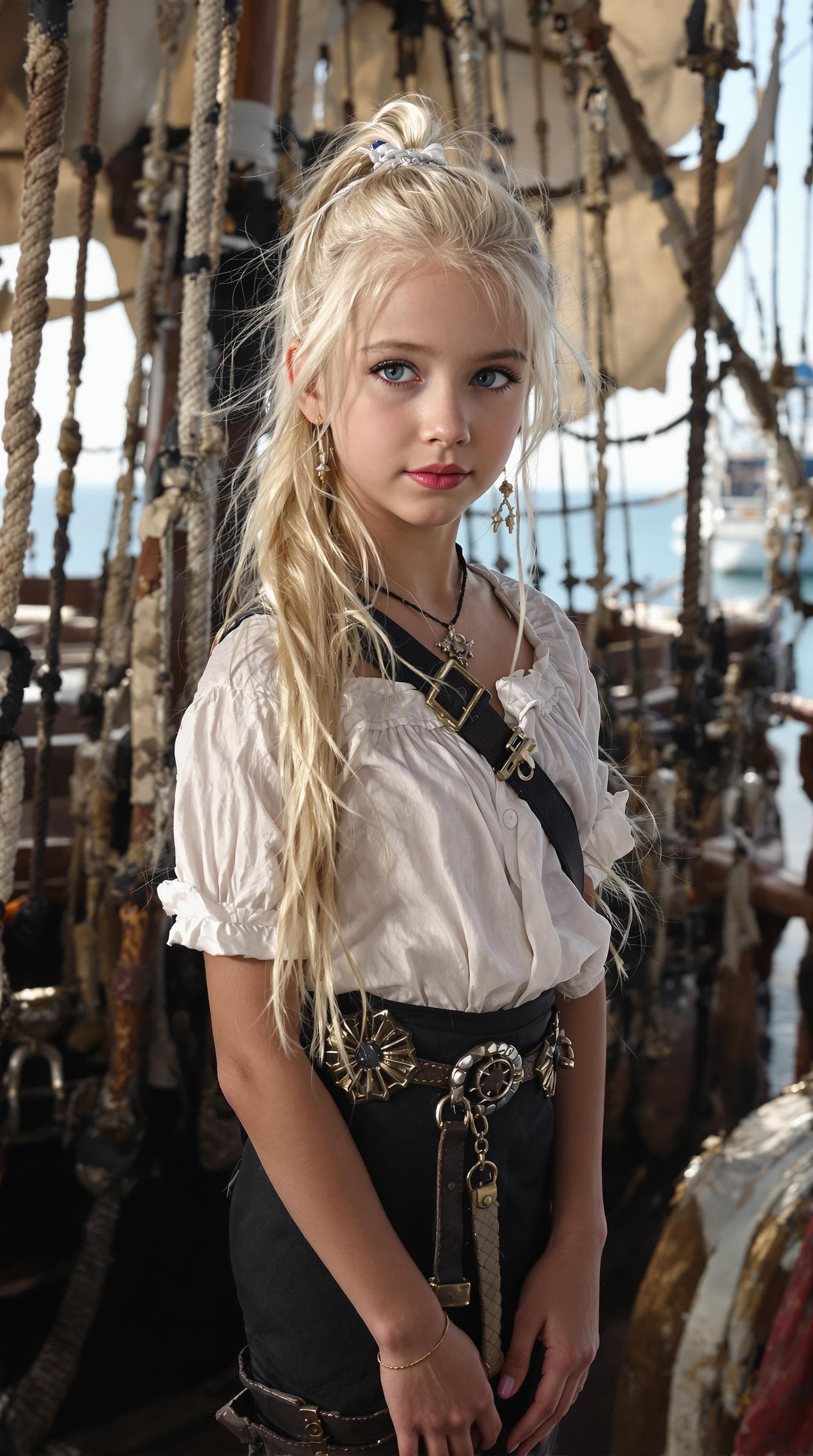 AI generated: a professional photo of a exceptionally beautiful girl aboard pirate ship (age 11), (eleven year old...