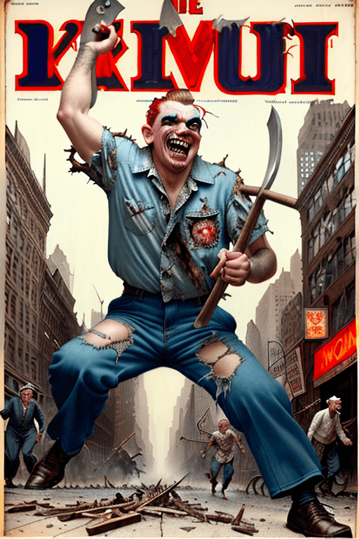 AI generated: In 1950 Intricately detailed mad axeman in torn dirty clothing running wildly through the streets of...