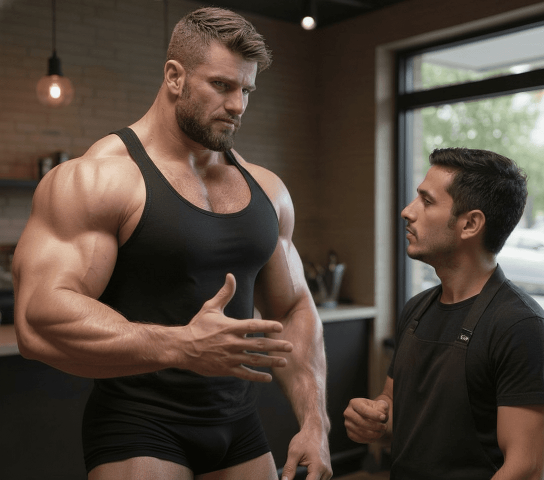 AI generated: Bodybuilder wears spandex black short shorts, he has huge muscular legs, he is wearing black socks a...