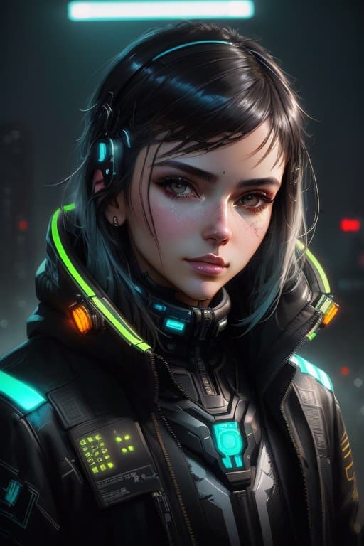 AI generated: Detailed portrait cyberpunk (sks person), futuristic neon reflective wear, sci-fi, robot parts, isma...
