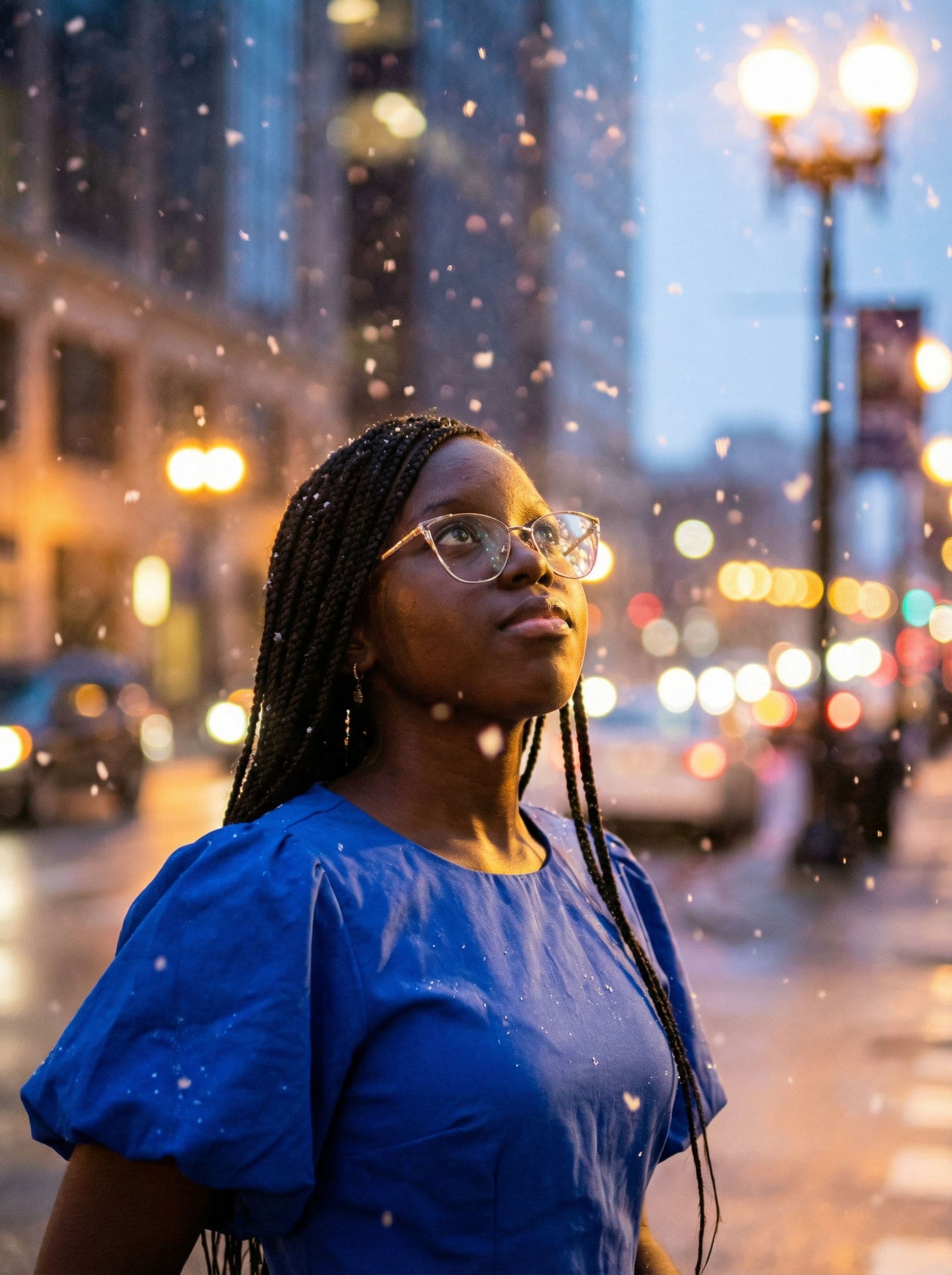 AI generated: The uploaded woman looking up as snow falls amidst city lights at dusk,  highres, realistic photo, p...