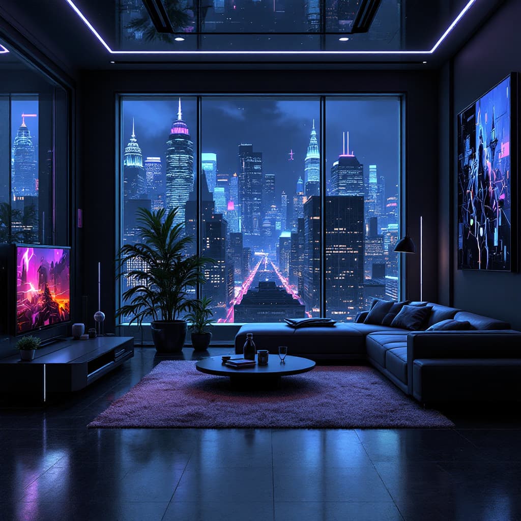 AI generated: cyberpunk living room There are windows on the left and right sides of the room, with view of a futu...