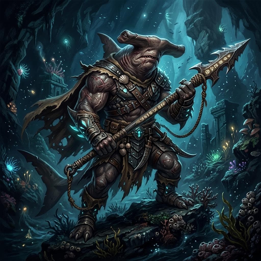 AI generated: an older male anthropomorphic hammerhead shark, muscular build holding a harpoon in his hands, backg...